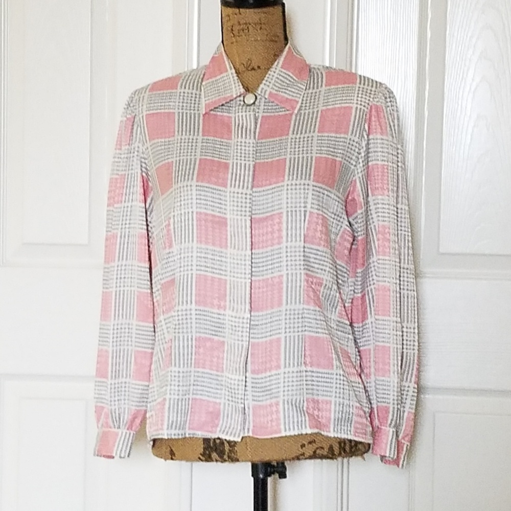 KORET Vintage 80s long sleeve blouse pink gray white plaid hidden buttons Sz 6